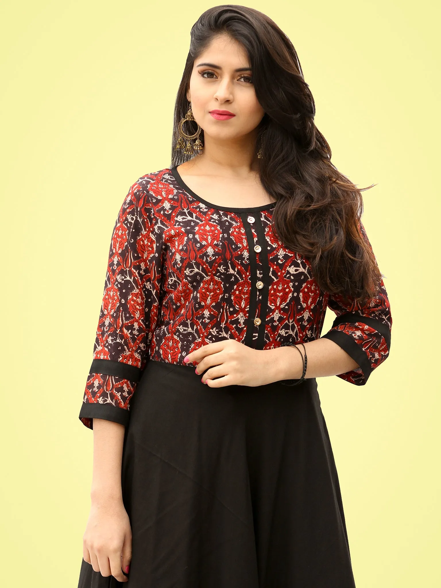 Tareen - Black Maroon Hand Block Printed Long Dress  - D150F2136