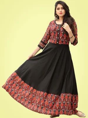 Tareen - Black Maroon Hand Block Printed Long Dress  - D150F2136