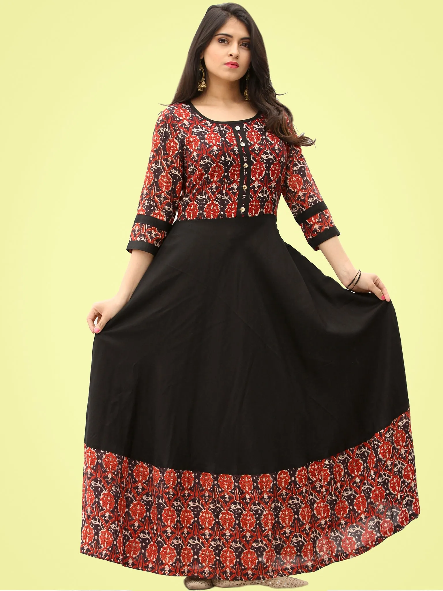 Tareen - Black Maroon Hand Block Printed Long Dress  - D150F2136