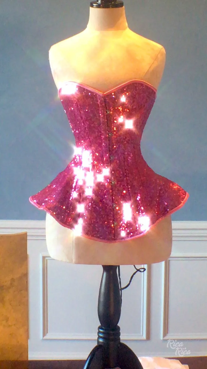 The Ramona Corset. Bespoke high quality authentic peplum style corset from pink sequins on steel bones