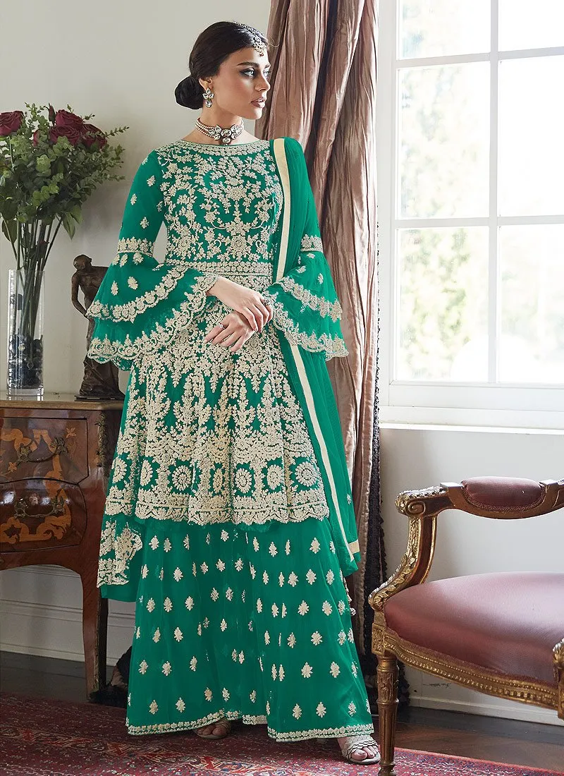 Trendy Bell Sleeved Embroidered Sharara in Woodland Green