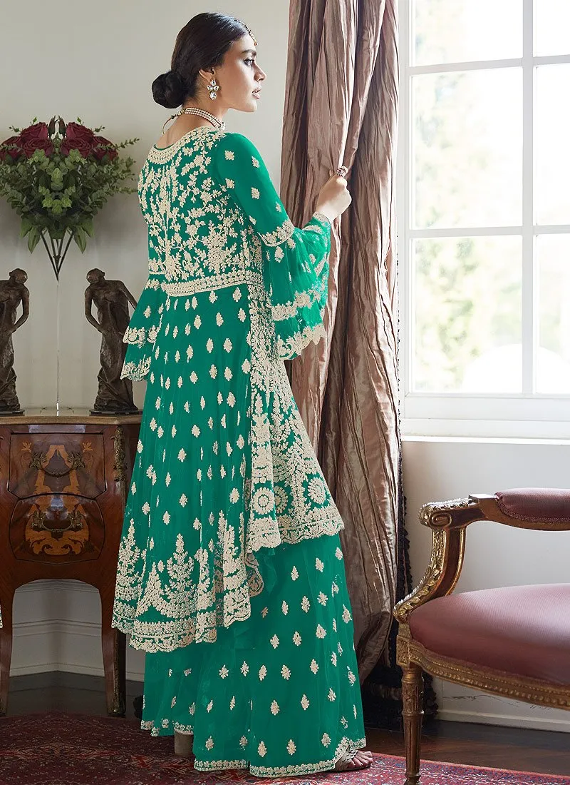 Trendy Bell Sleeved Embroidered Sharara in Woodland Green