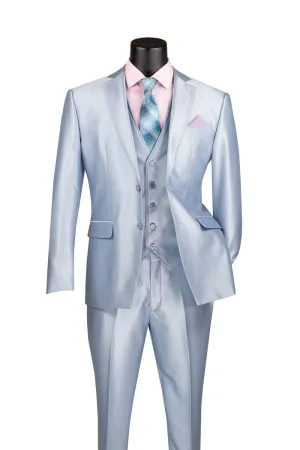 Vinci Slim Fit 3 Piece Satin Suit Ice Blue SV2D-1