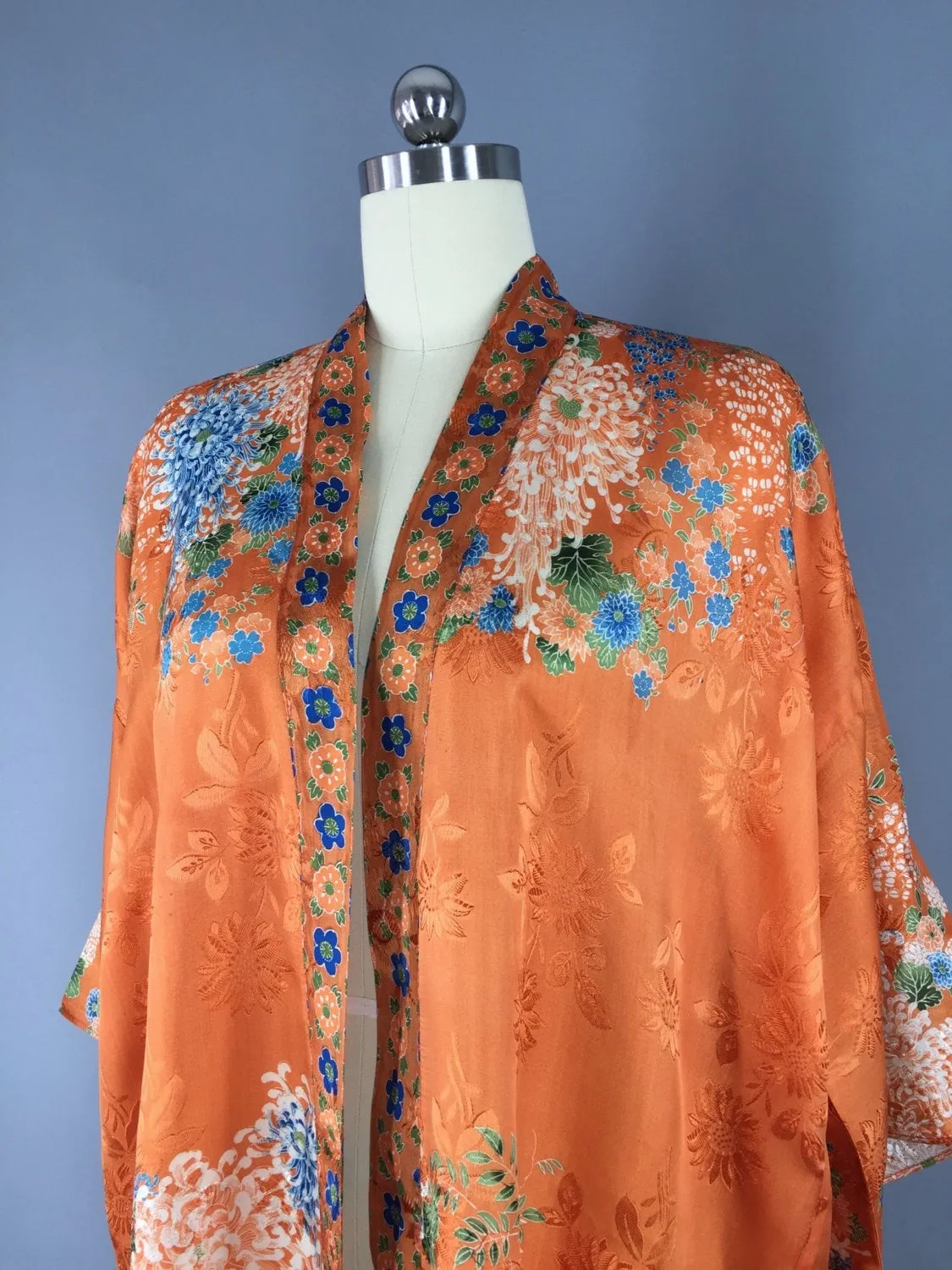 Vintage 1920s Silk Kimono Robe / Art Deco Orange Floral Print