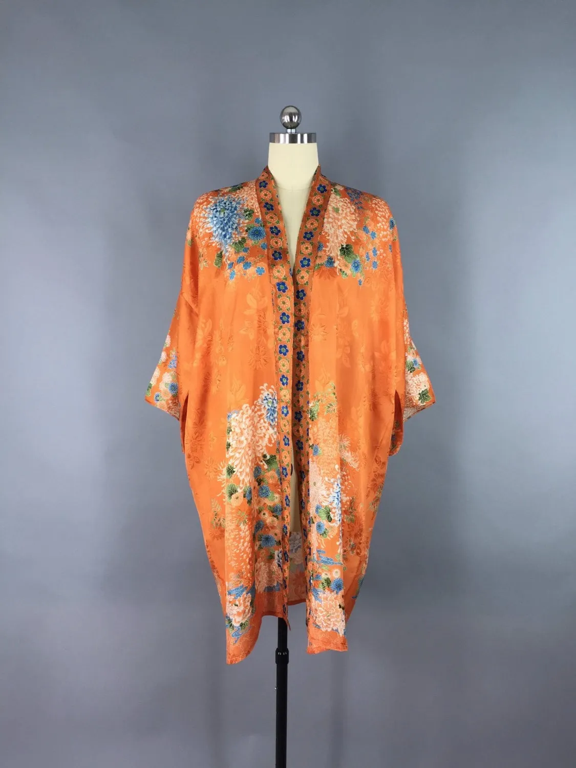 Vintage 1920s Silk Kimono Robe / Art Deco Orange Floral Print