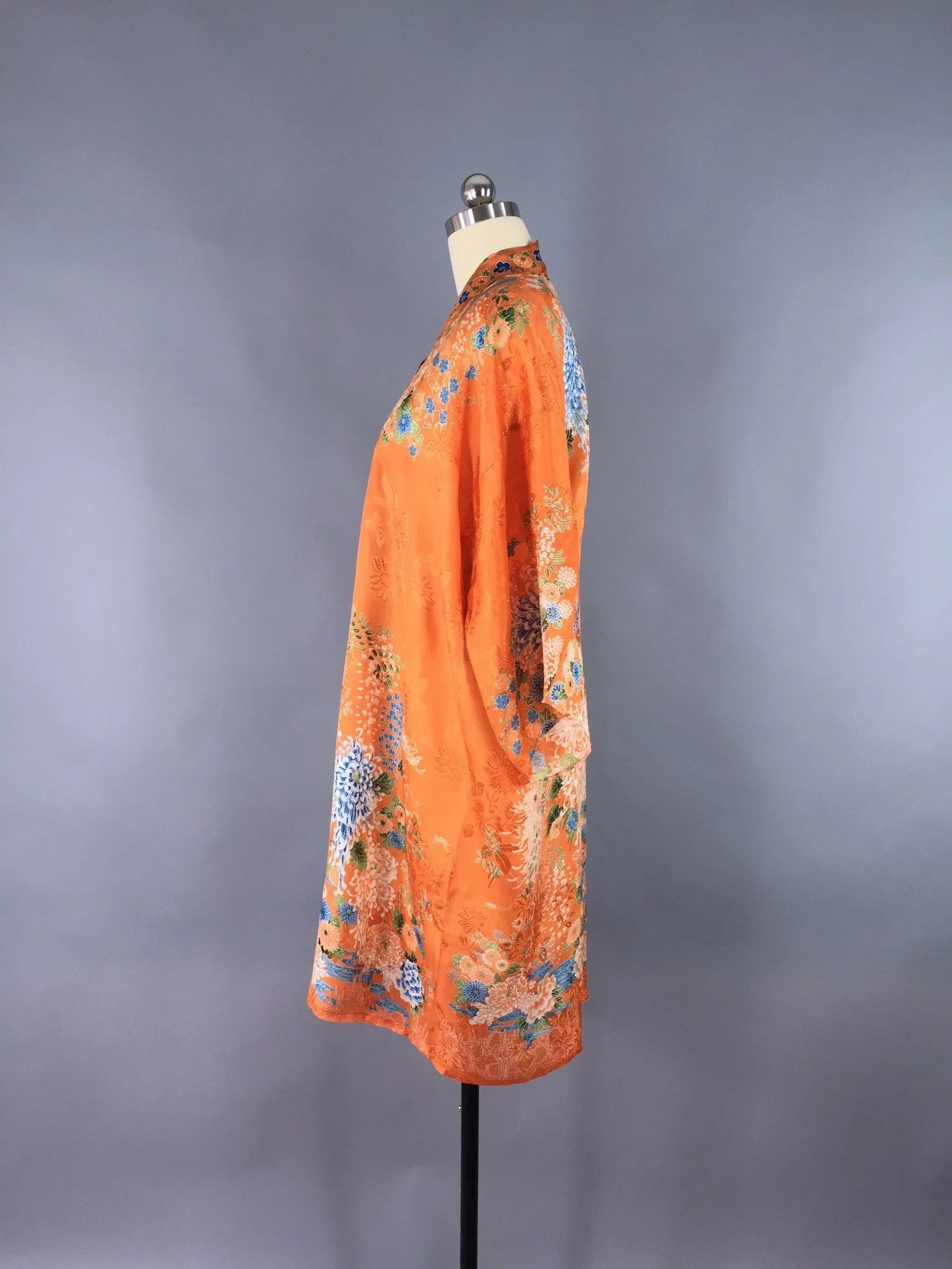 Vintage 1920s Silk Kimono Robe / Art Deco Orange Floral Print