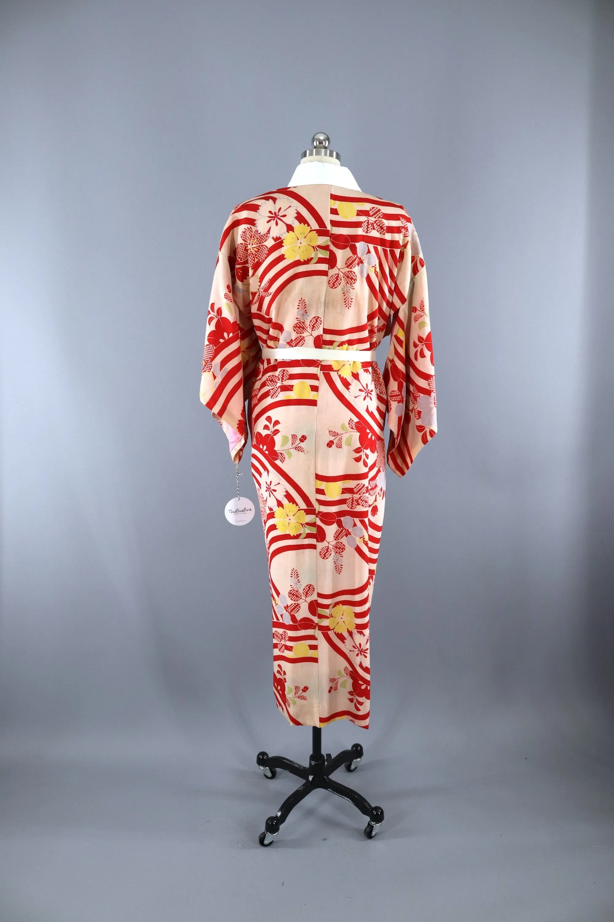 Vintage 1930s 1940s Silk Kimono Robe / Red Ivory Stripes