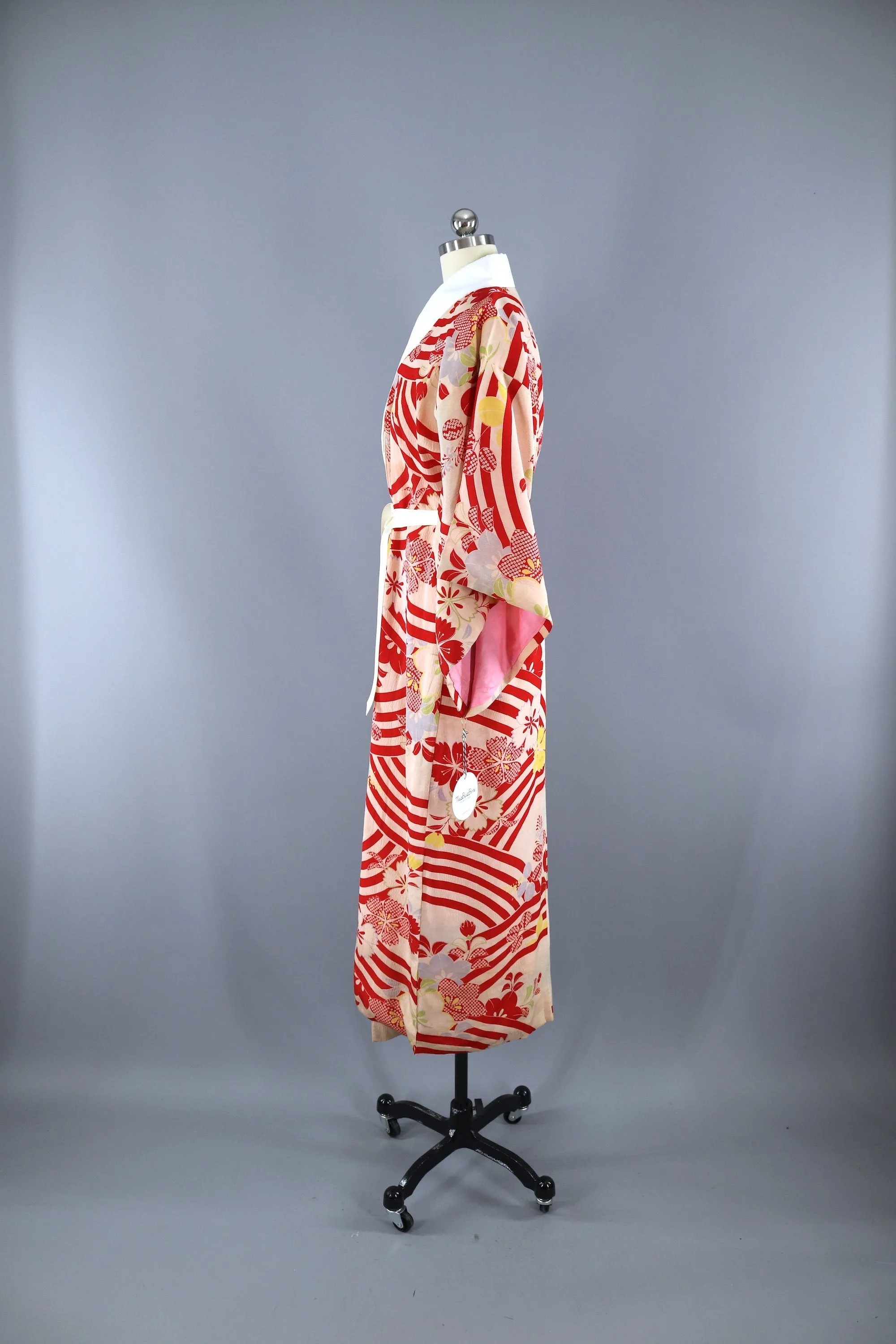 Vintage 1930s 1940s Silk Kimono Robe / Red Ivory Stripes