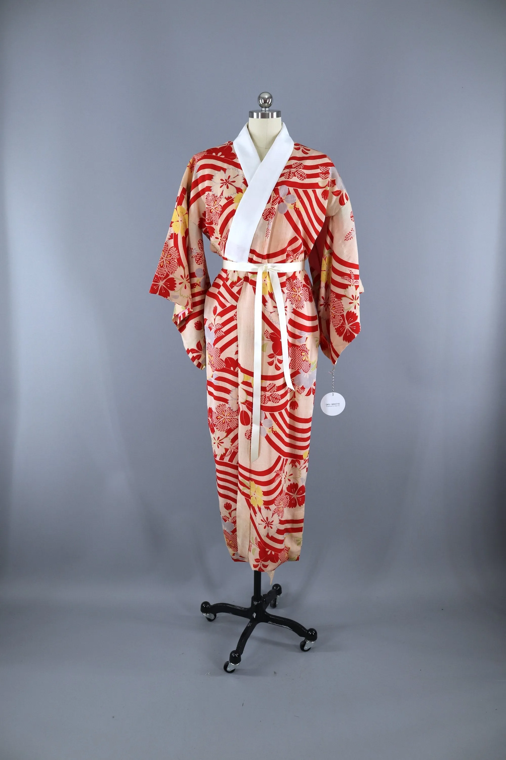 Vintage 1930s 1940s Silk Kimono Robe / Red Ivory Stripes