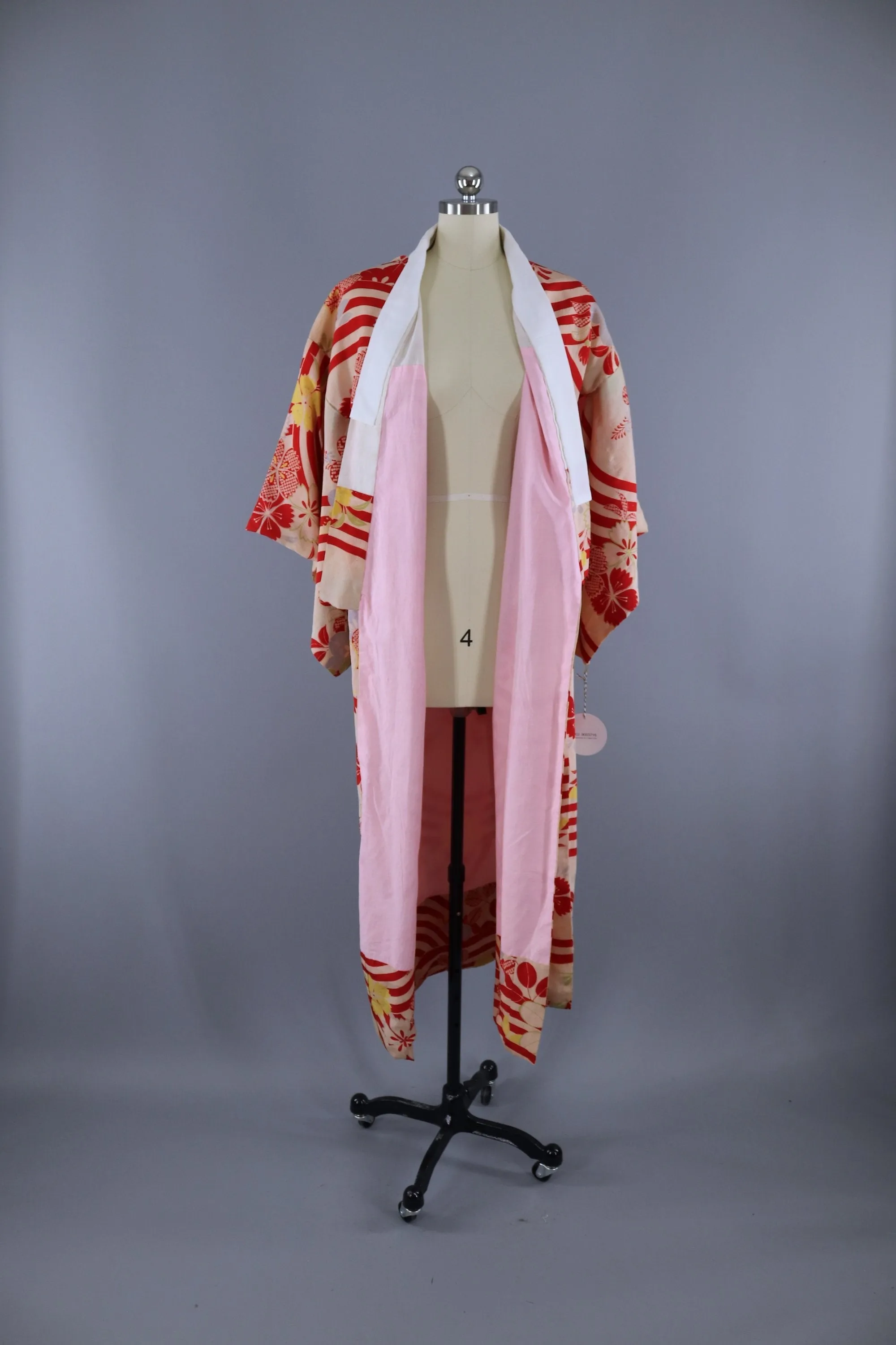 Vintage 1930s 1940s Silk Kimono Robe / Red Ivory Stripes