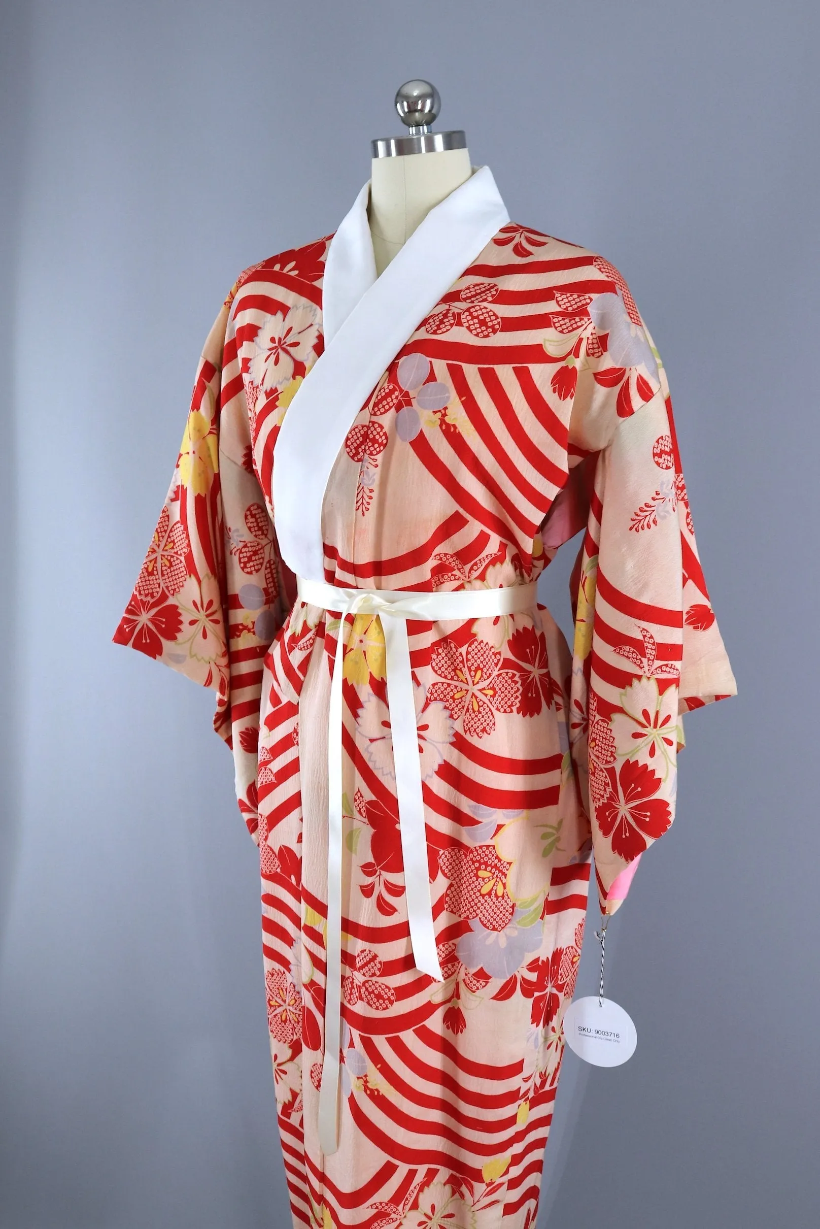 Vintage 1930s 1940s Silk Kimono Robe / Red Ivory Stripes