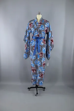 Vintage 1930s Kimono Robe / Blue & Black Floral Stripes