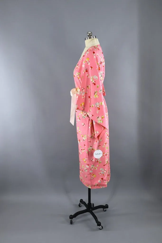 Vintage 1940s - 1950s Silk Kimono Robe Juban / Pink Baby Birds Novelty Print