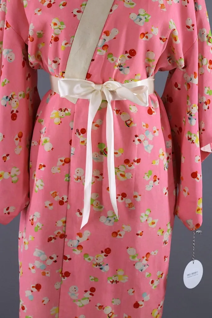 Vintage 1940s - 1950s Silk Kimono Robe Juban / Pink Baby Birds Novelty Print