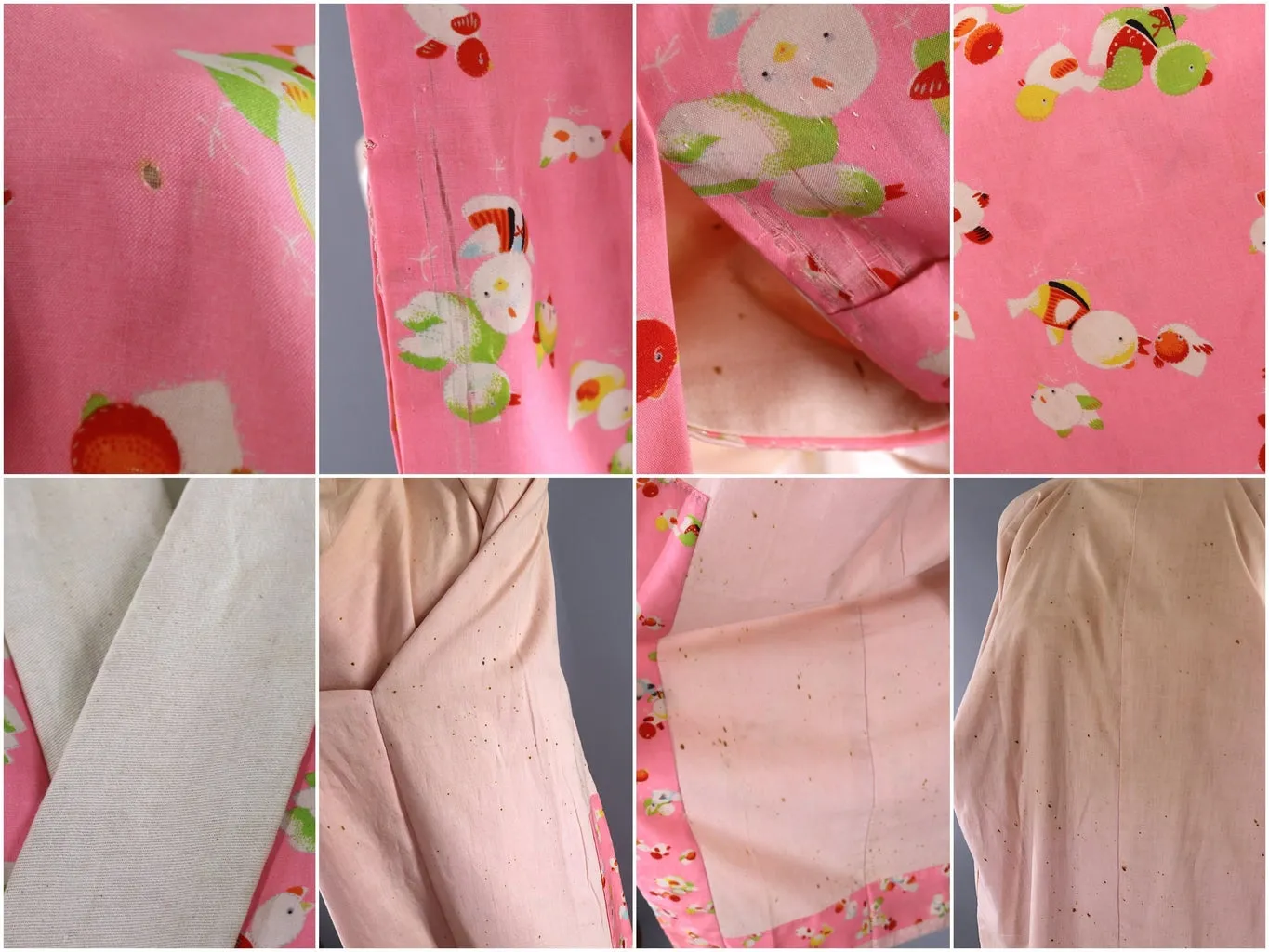 Vintage 1940s - 1950s Silk Kimono Robe Juban / Pink Baby Birds Novelty Print