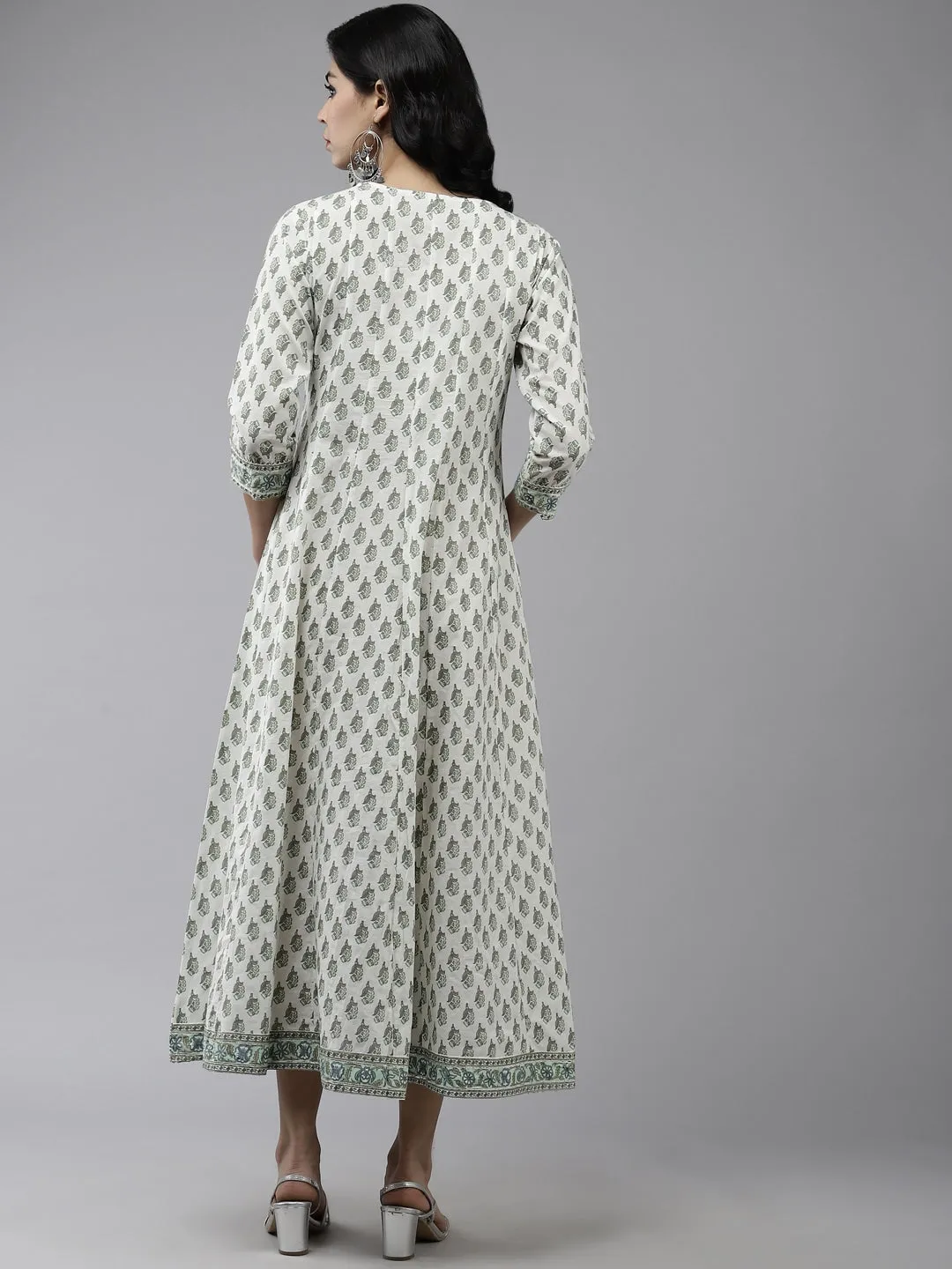 White & Green Ethnic Printed Dress