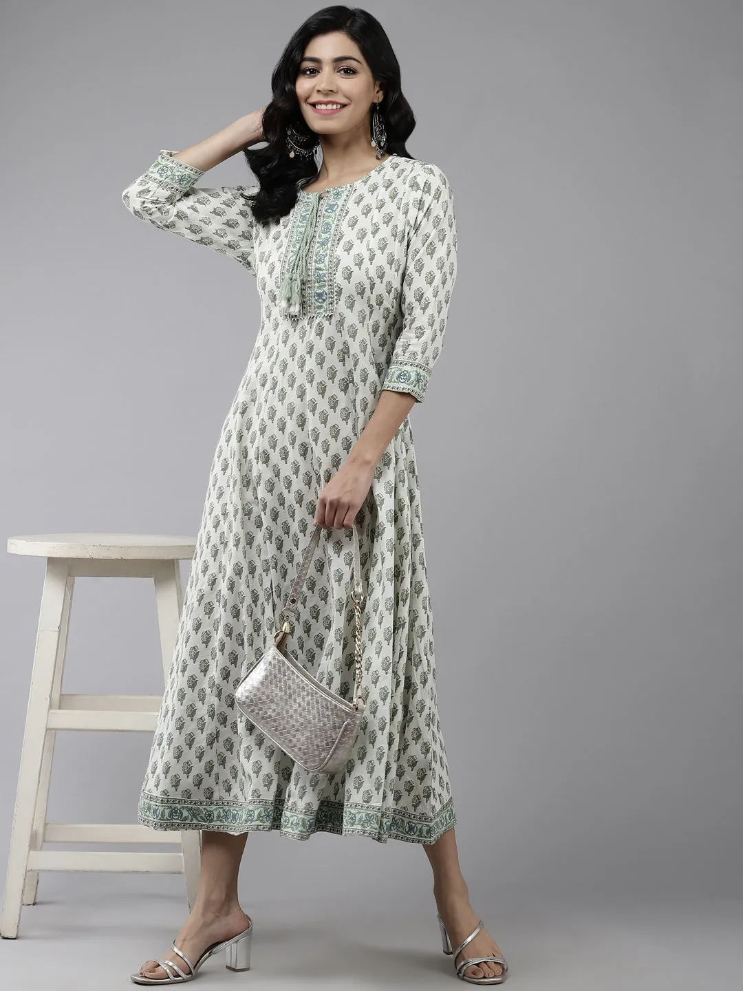 White & Green Ethnic Printed Dress