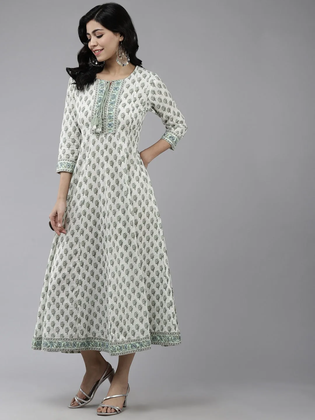 White & Green Ethnic Printed Dress