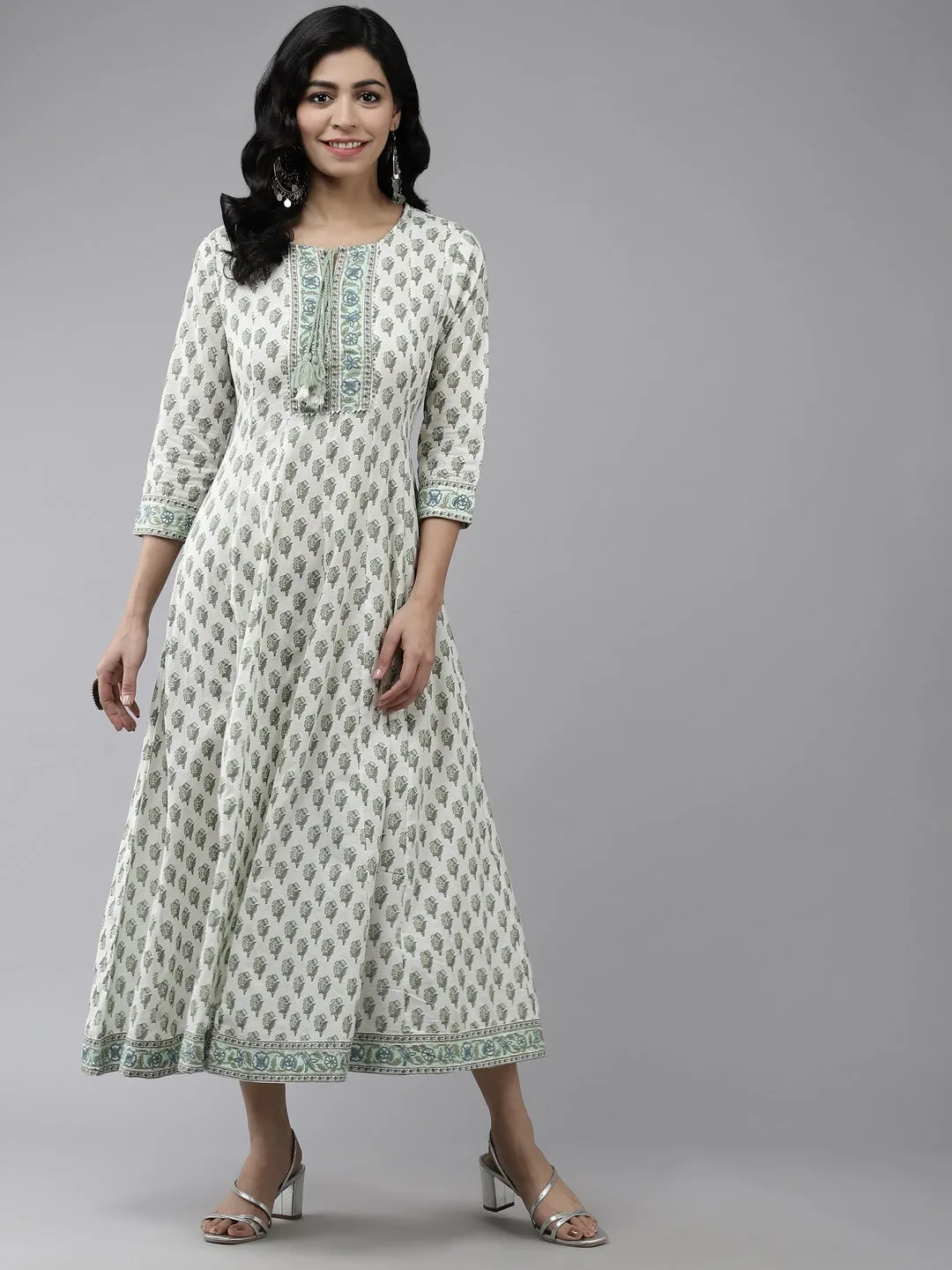 White & Green Ethnic Printed Dress