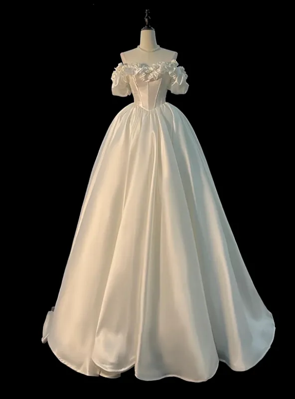 White Satin Off the Shoulder Hand Work Flower Wedding Dress