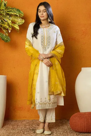 White Silk Blend Solid Embroidered Straight Suit Set