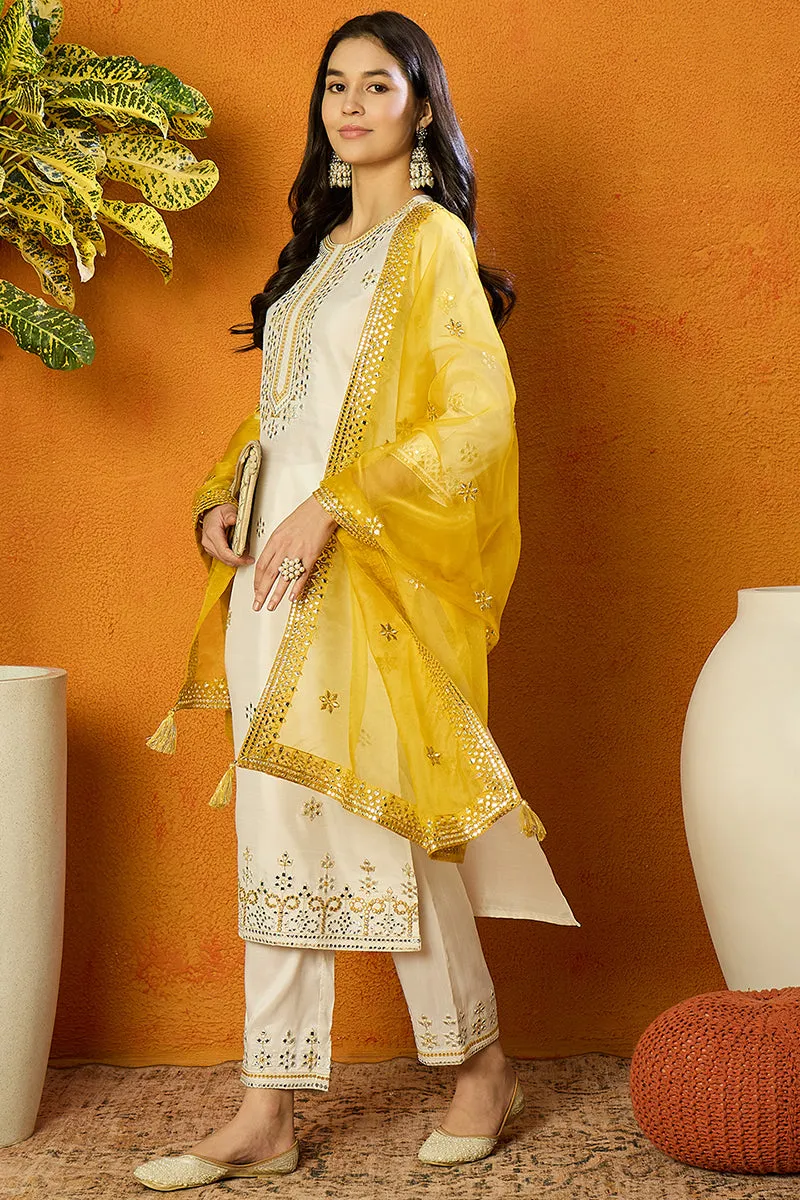 White Silk Blend Solid Embroidered Straight Suit Set