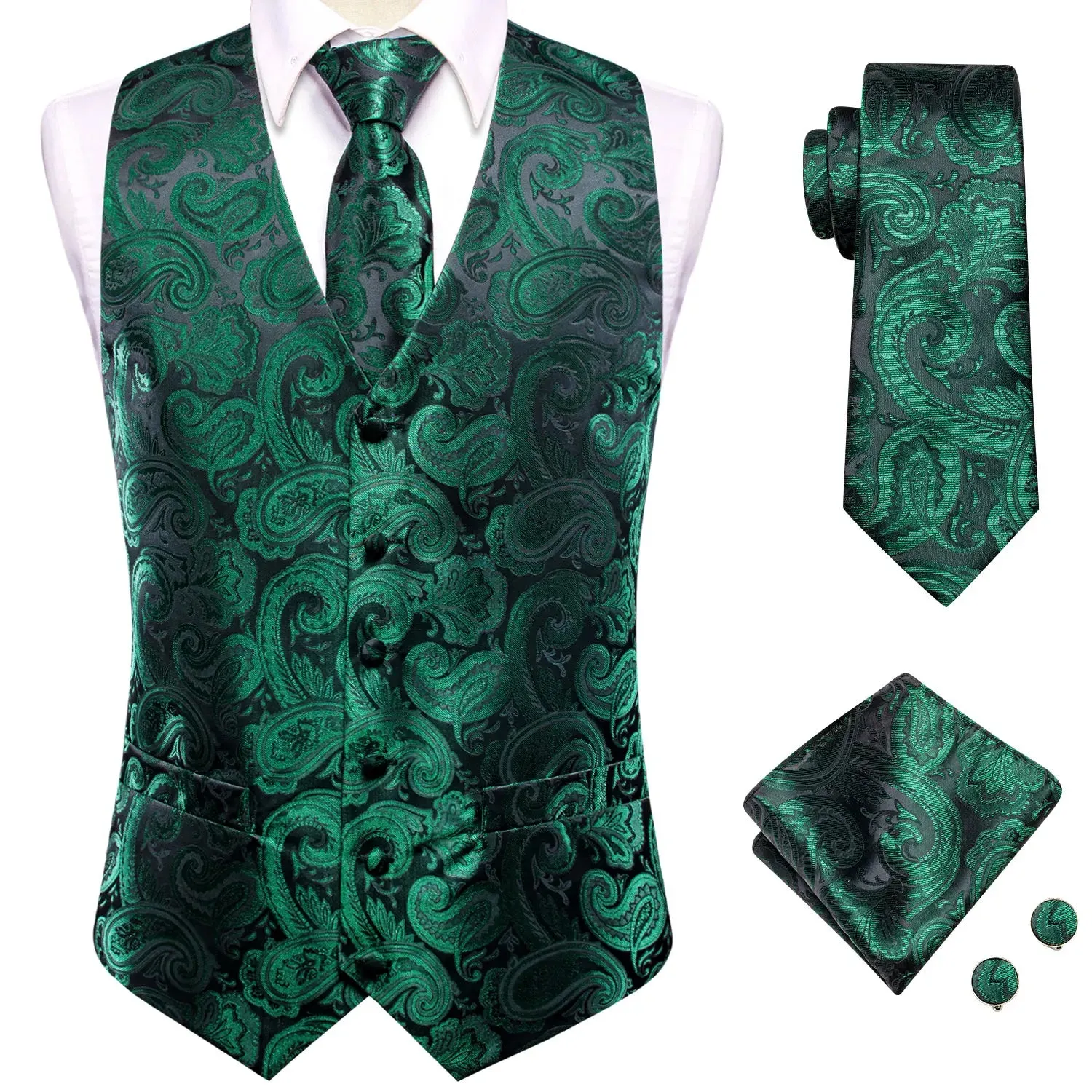 WIAOFELLAS New Mens Suit Vests Necktie Hankerchief Cufflinks Set Silk Slim Fit Male Waistcoat Jacquard Sleeveless Waist Jacket