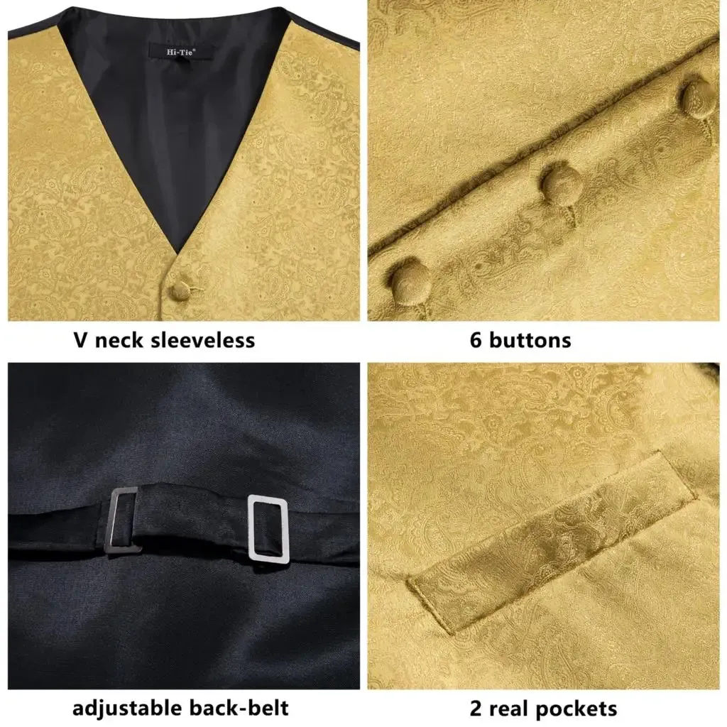 WIAOFELLAS New Mens Suit Vests Necktie Hankerchief Cufflinks Set Silk Slim Fit Male Waistcoat Jacquard Sleeveless Waist Jacket