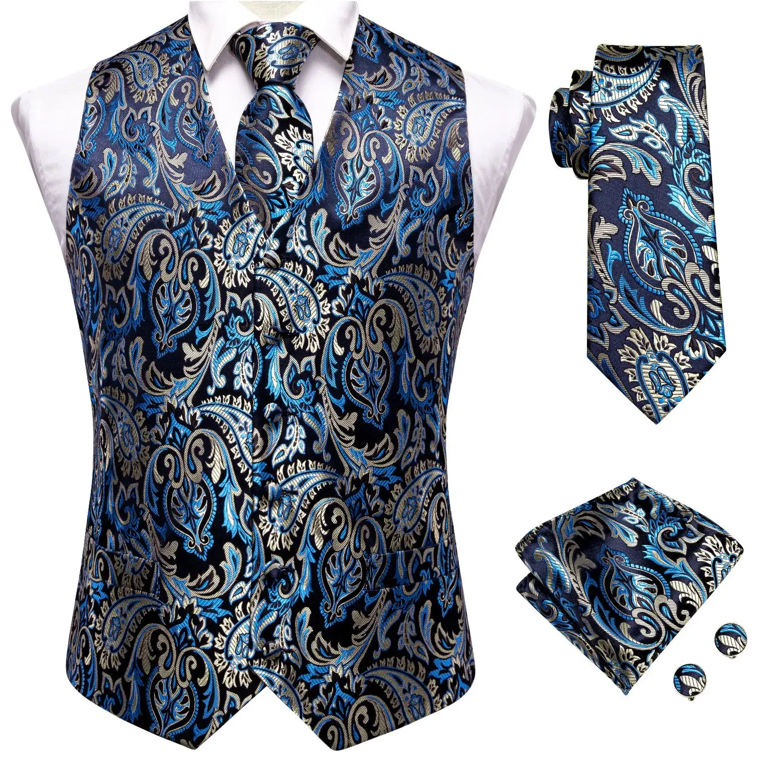 WIAOFELLAS New Mens Suit Vests Necktie Hankerchief Cufflinks Set Silk Slim Fit Male Waistcoat Jacquard Sleeveless Waist Jacket