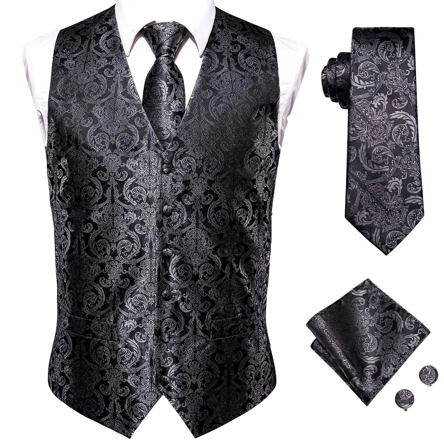 WIAOFELLAS New Mens Suit Vests Necktie Hankerchief Cufflinks Set Silk Slim Fit Male Waistcoat Jacquard Sleeveless Waist Jacket