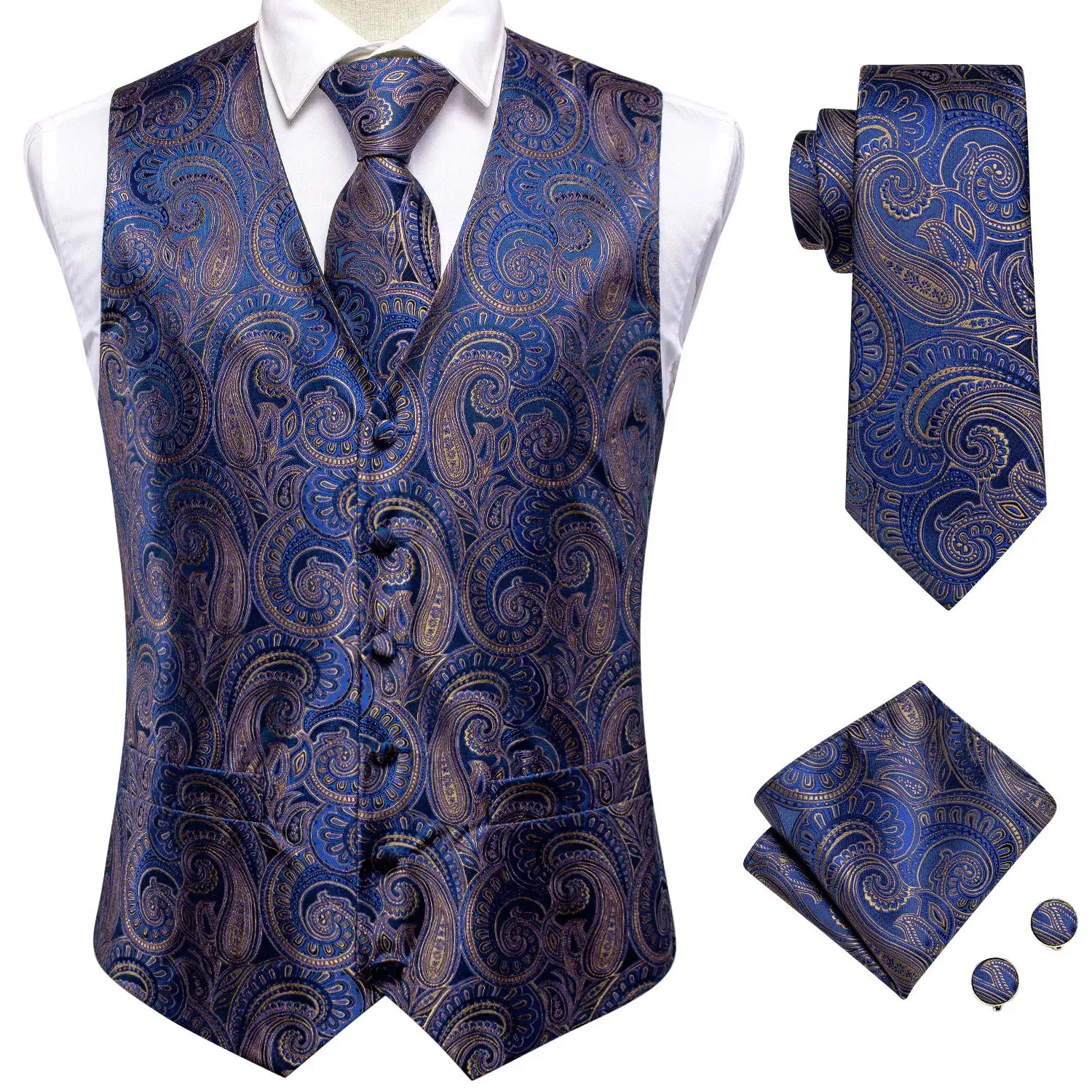 WIAOFELLAS New Mens Suit Vests Necktie Hankerchief Cufflinks Set Silk Slim Fit Male Waistcoat Jacquard Sleeveless Waist Jacket