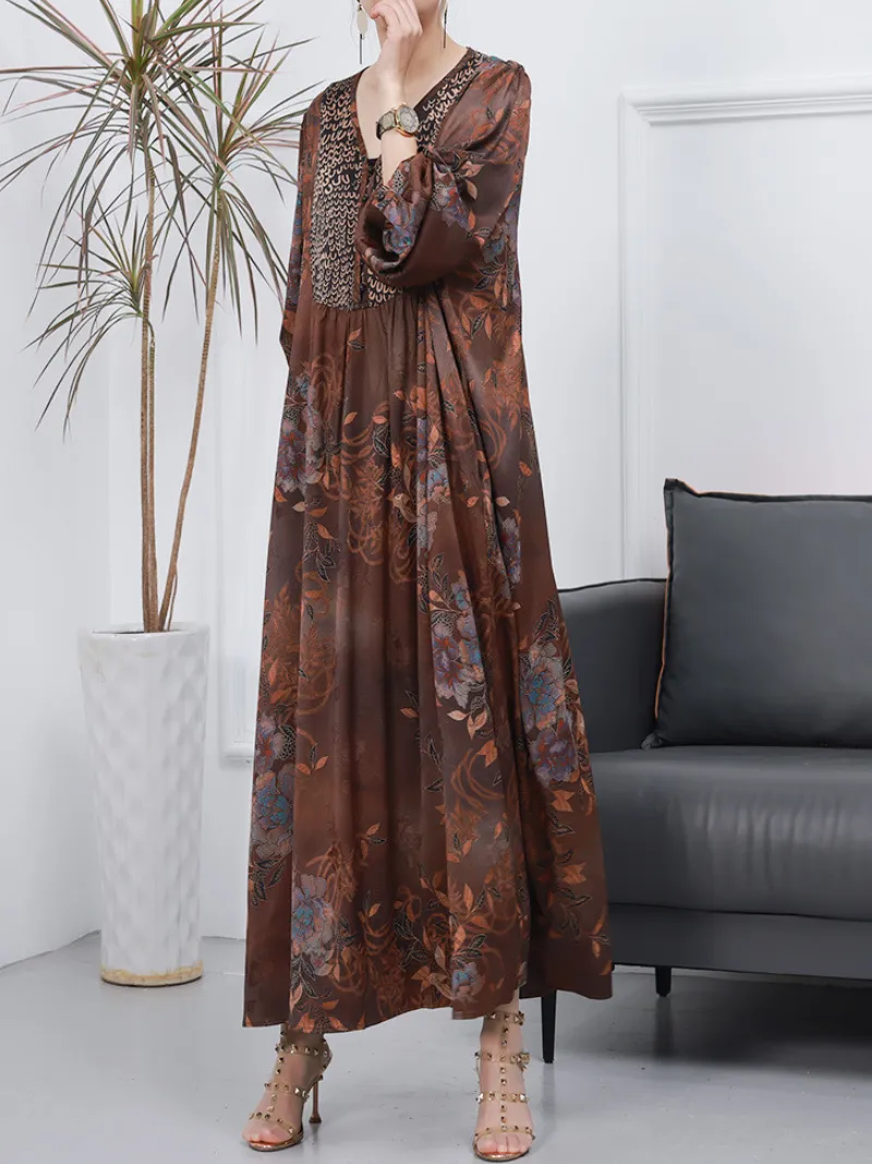 Women Retro Style Loose Printed Long Sleeves A-Line Dress