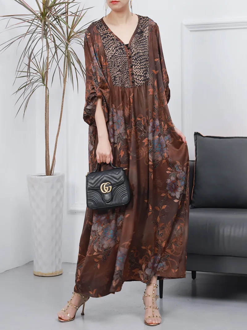 Women Retro Style Loose Printed Long Sleeves A-Line Dress