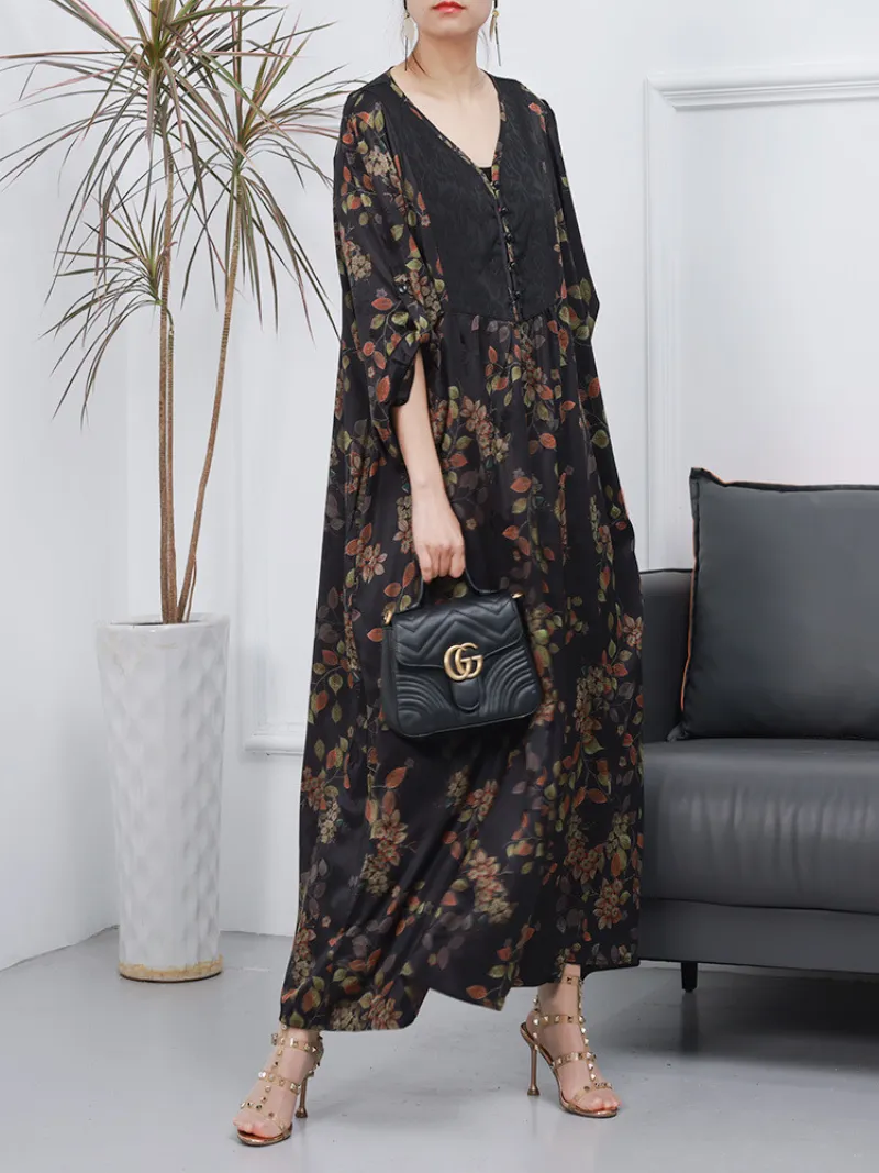 Women Retro Style Loose Printed Long Sleeves A-Line Dress