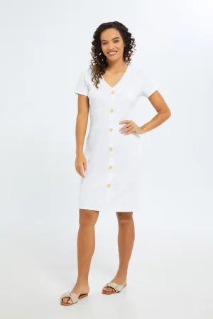 Women White Front Button Body Cone Dress