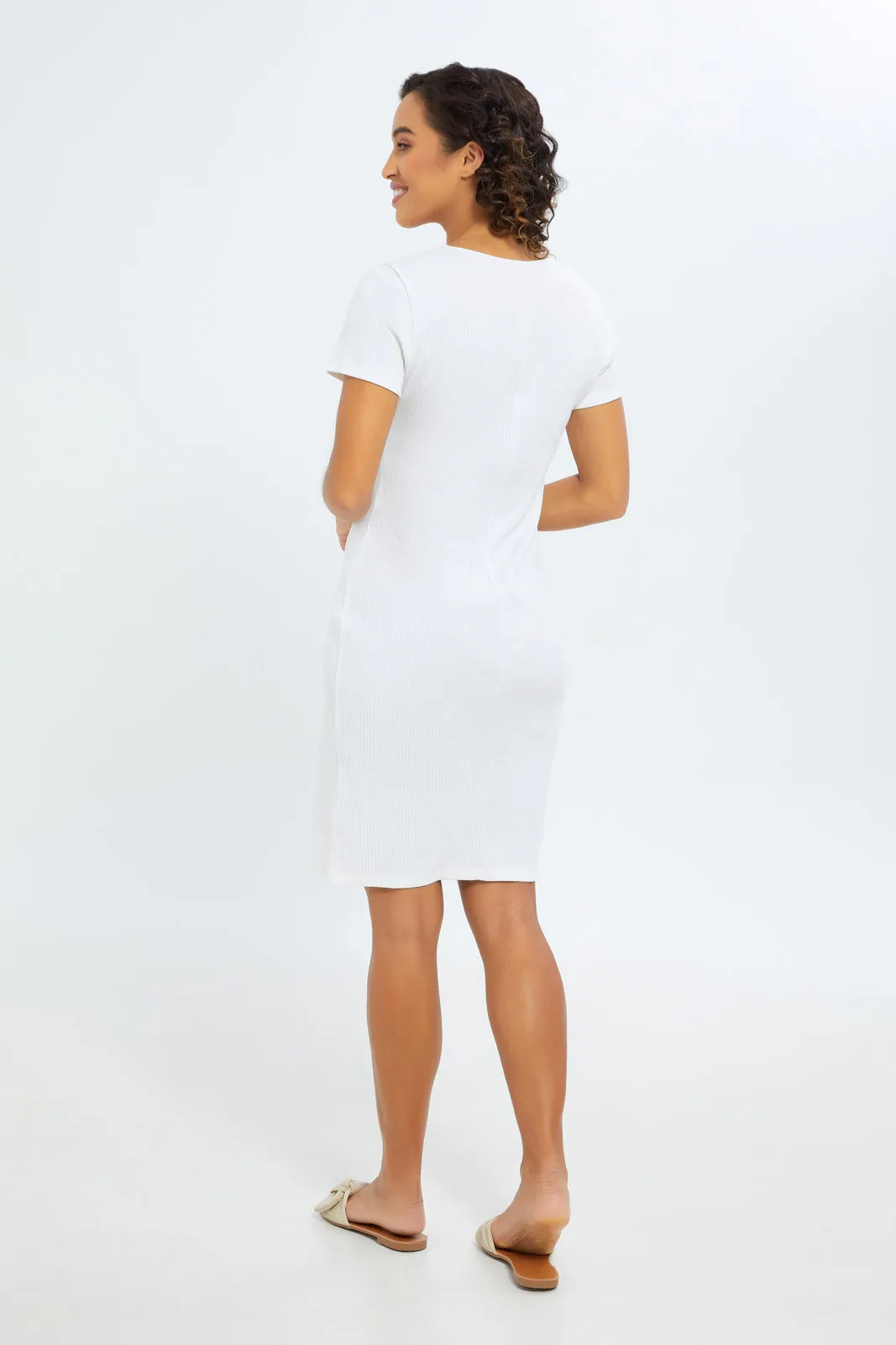 Women White Front Button Body Cone Dress