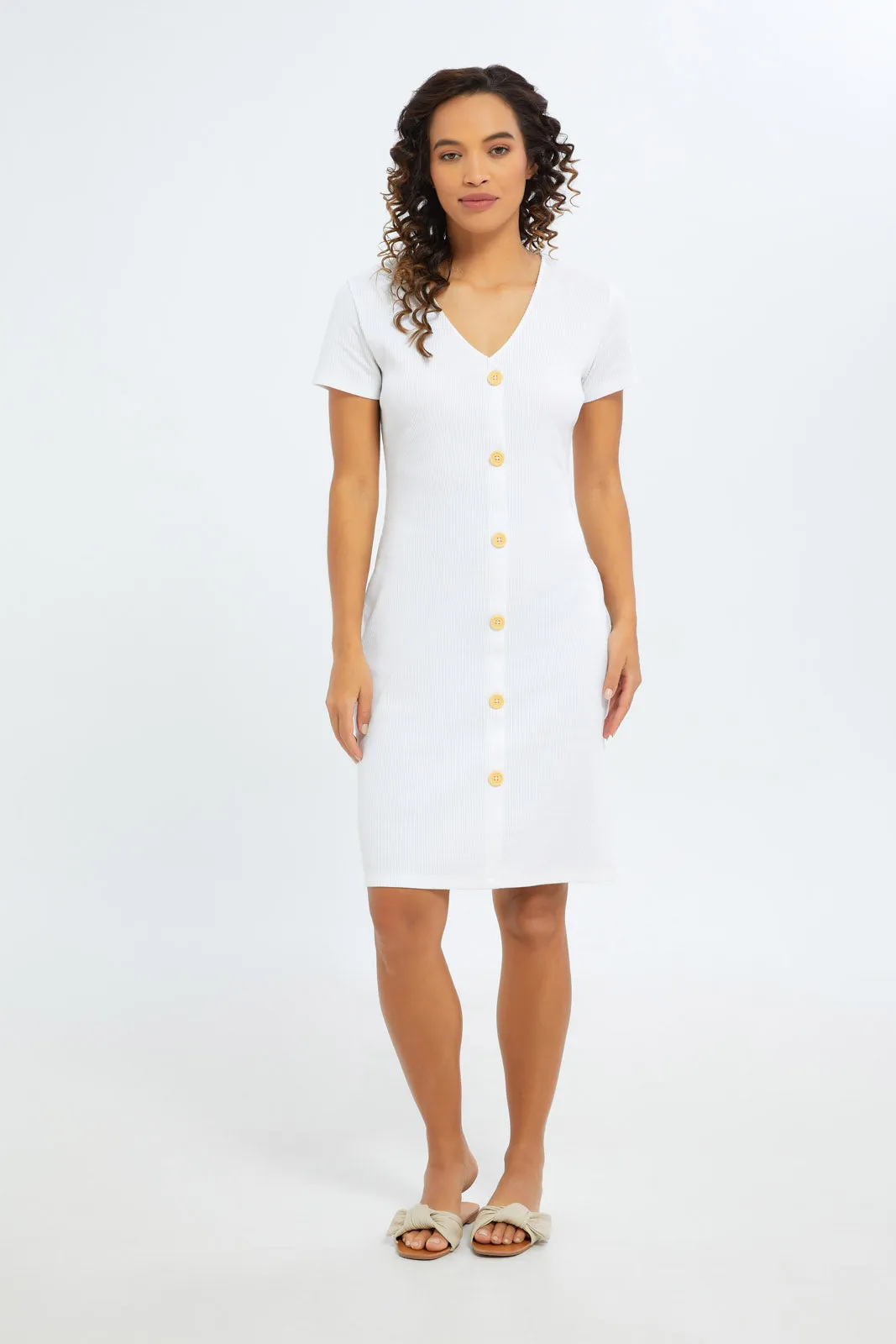 Women White Front Button Body Cone Dress