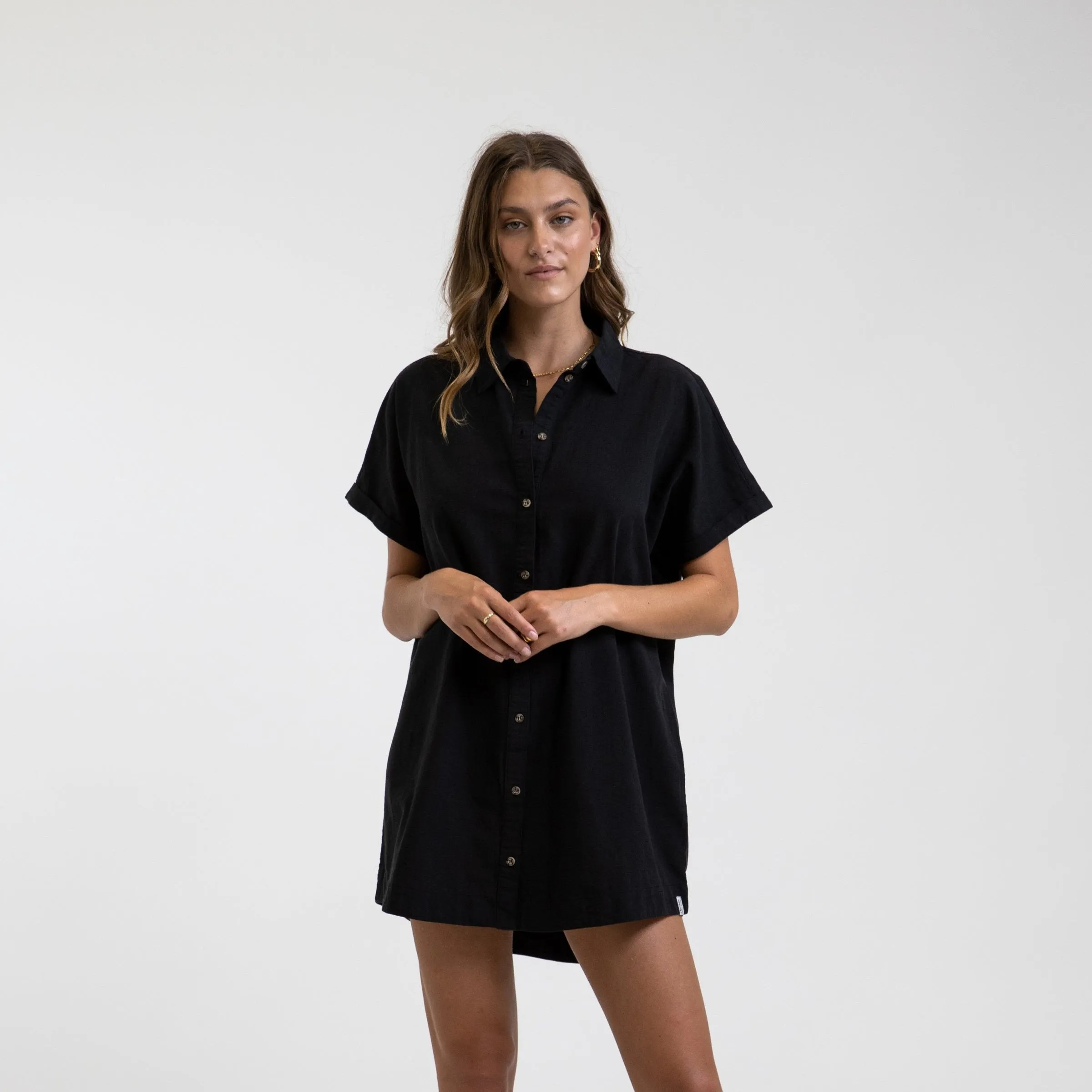 Women's Classic Linen Shirt Dress - Black