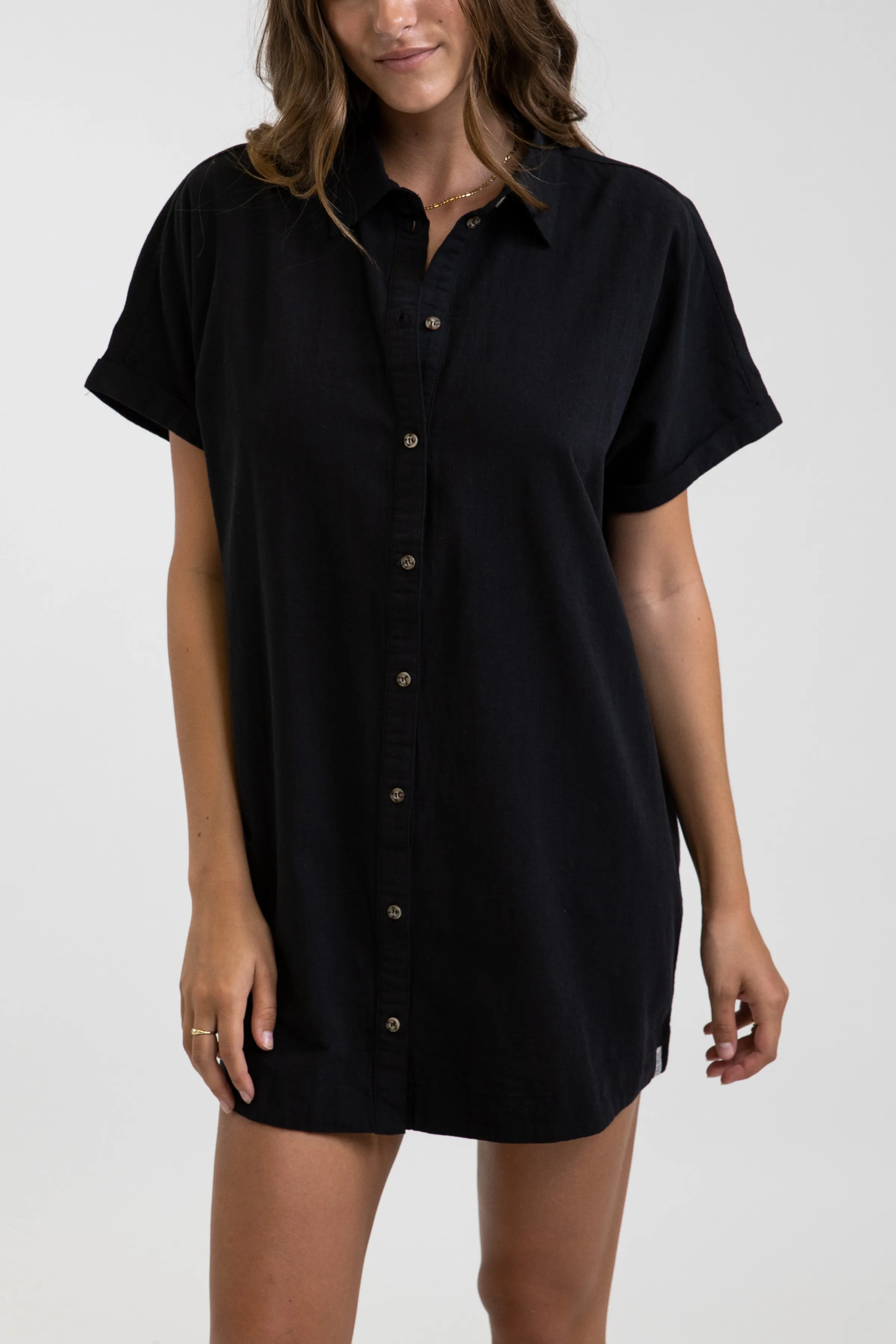 Women's Classic Linen Shirt Dress - Black