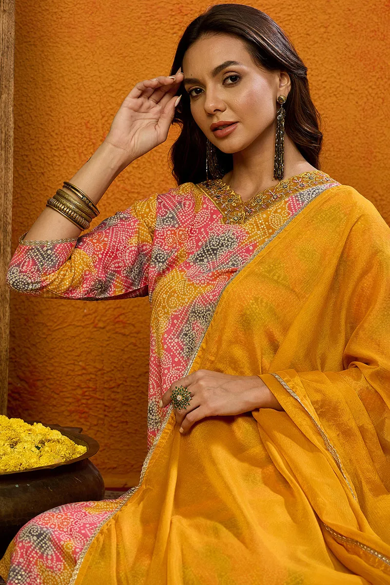 Yellow Cotton Blend Bandhani Printed Straight Suit Set