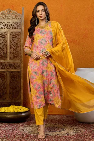 Yellow Cotton Blend Bandhani Printed Straight Suit Set