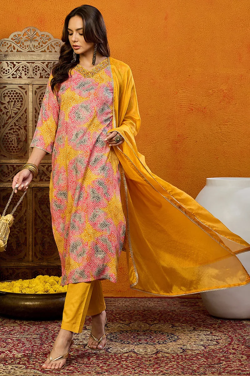 Yellow Cotton Blend Bandhani Printed Straight Suit Set