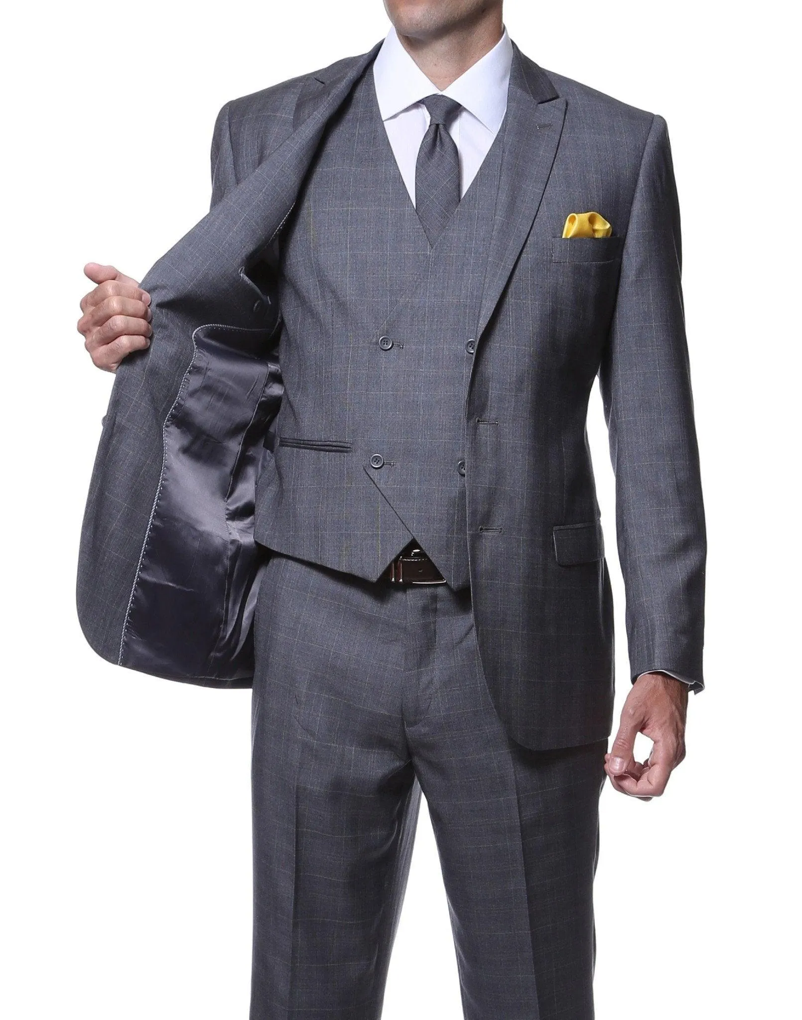 Zillo Charcoal 3 Piece Vested Slim Fit Plaid Suit